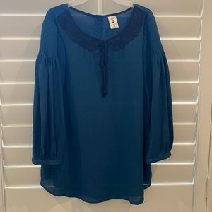 Lauren Conrad (Disney Collection) Deep Blue Blouse with smocking and lace detail